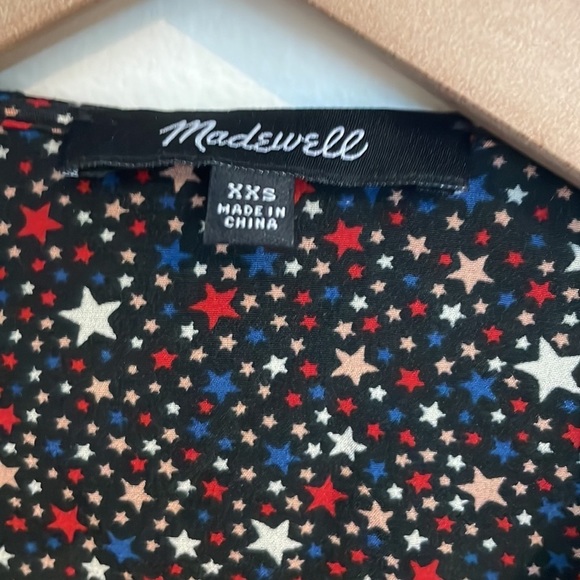 Madewell | 100% Silk Starry Night K0208 Wrap Peplum Ruffle Blouse Blue Red XXS - Picture 11 of 16